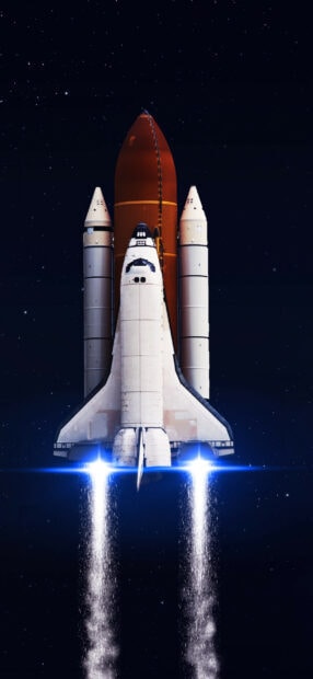 Space shuttle ascending through space with bright thrusters and starry sky
