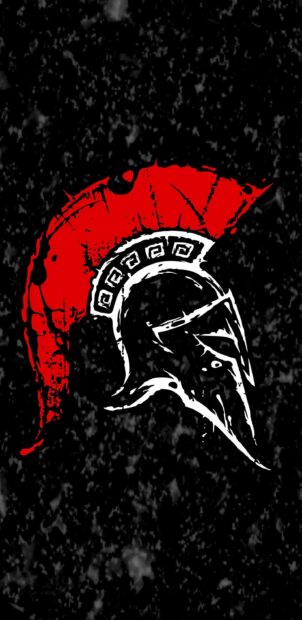 Red and white sparta helmet illustration on a dark textured background