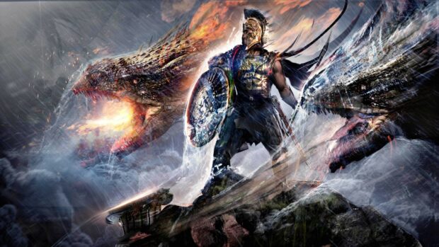 A fierce spartan warrior standing with shield and sword fighting fire breathing dragons in a stormy setting