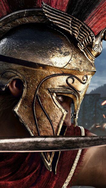 Close up of Spartas face with bronze helmet and sword in front of battle scene