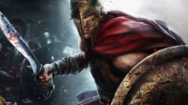 Spartan warrior in battle wearing ancient armor and helmet