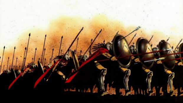 Spartan warriors advancing in formation with spears and shields against a fiery background