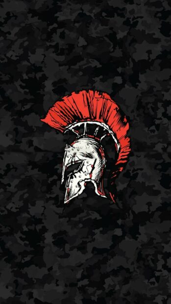 Spartan helmet with a red plume on a dark camouflage background