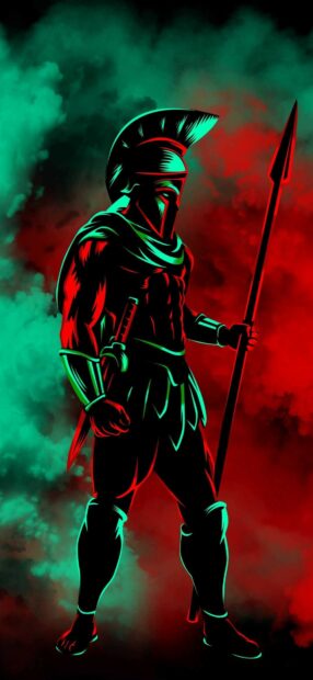 Spartan warrior silhouette with glowing green and red highlights standing in a smoky background