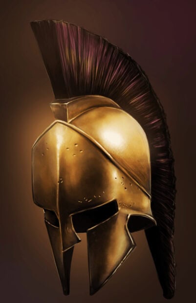 Ancient Spartan helmet with plume detail glowing in dark background