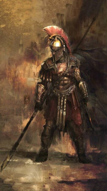 Spartan warrior standing in armor with spear and helmet in ancient battle scene