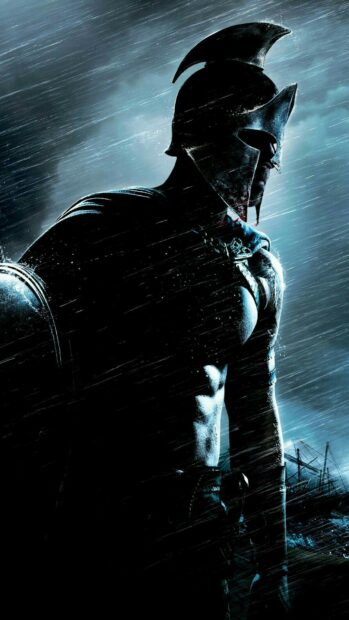 Spartan warrior standing in the rain with detailed armor and helmet