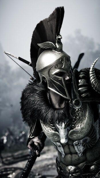 Spartan warrior wearing detailed armor and helmet in battle stance