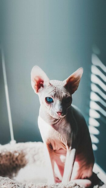 A close up of a sphynx cat with blue eyes sitting in soft light on a cozy surface