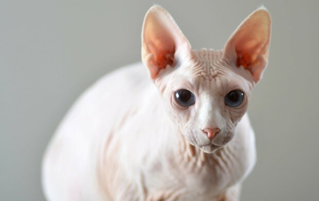 Close up of sphynx cat with large blue eyes and wrinkled skin