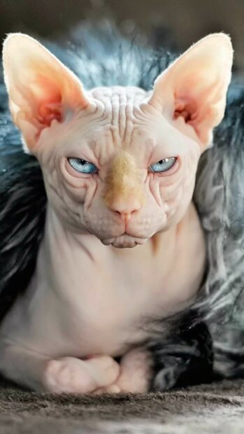 Hairless cat with piercing blue eyes resting on a soft blanket