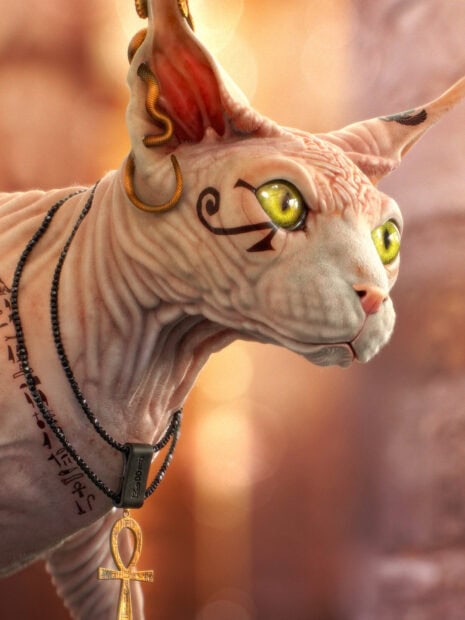 Sphynx cat with ancient Egyptian tattoo and jewelry in glowing background