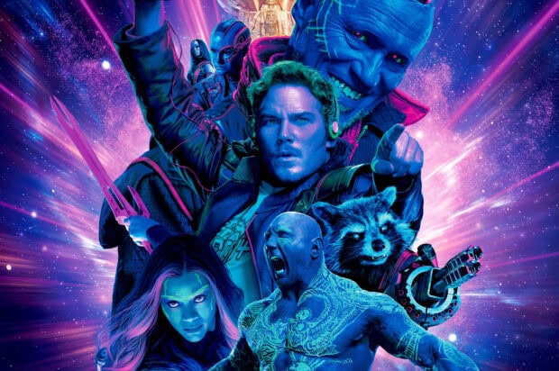 Star Lord and his team preparing for battle in a vibrant cosmic scene