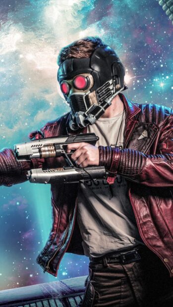 Star Lord aiming his weapon in space with a glowing galaxy background