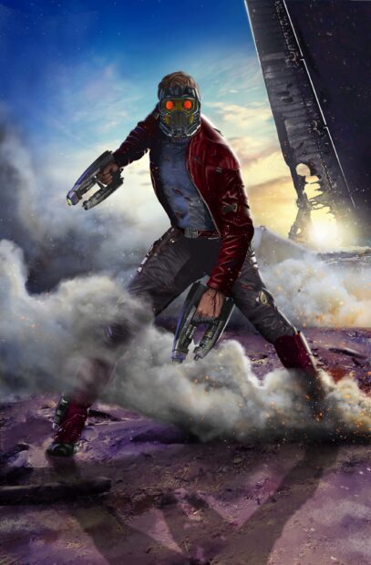 Star Lord in a red jacket holding futuristic guns with a smoky battlefield background