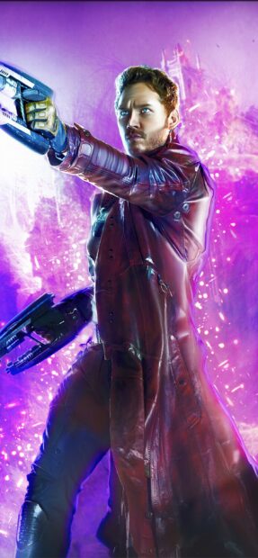 Star Lord aiming his weapon in a detailed leather coat against a vibrant purple background