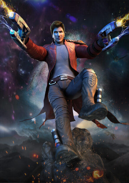 Star Lord in action with twin blasters in a cosmic battle scene