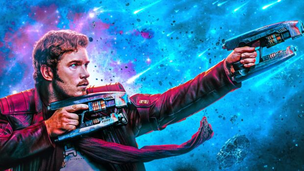 Star Lord aiming with futuristic guns against a cosmic space background