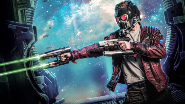 Star Lord aiming with futuristic guns in space station corridor