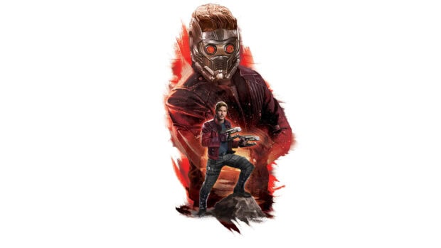 Star Lord character standing on a rock with blasters and a larger masked Star Lord figure in the background