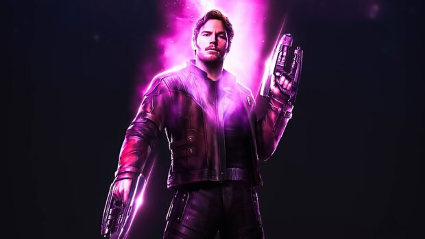 Star Lord in a glowing purple aura holding two futuristic guns in each hand