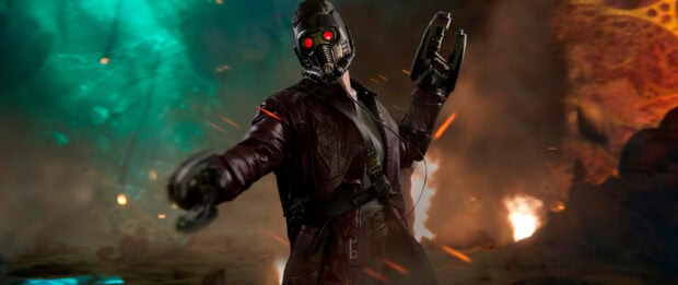 Star Lord wearing a mask and leather jacket aiming a gun in an intense action scene