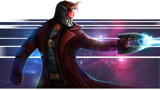 Star Lord wearing his helmet and red coat aiming a futuristic gun in space