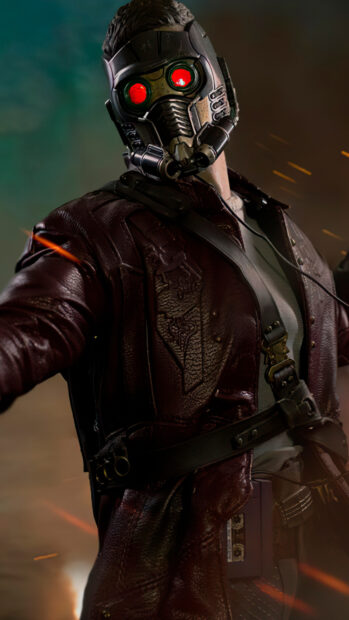 Star Lord wearing a detailed red leather jacket with glowing red eyes and futuristic mask