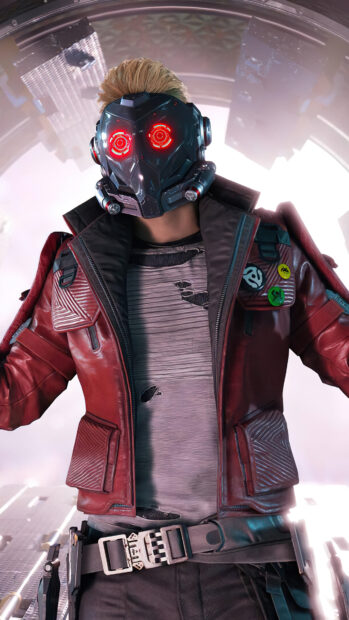 Star Lord wearing a futuristic mask with glowing red eyes in a detailed red jacket