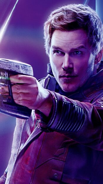 Star Lord aiming a futuristic gun in a detailed leather jacket in action pose