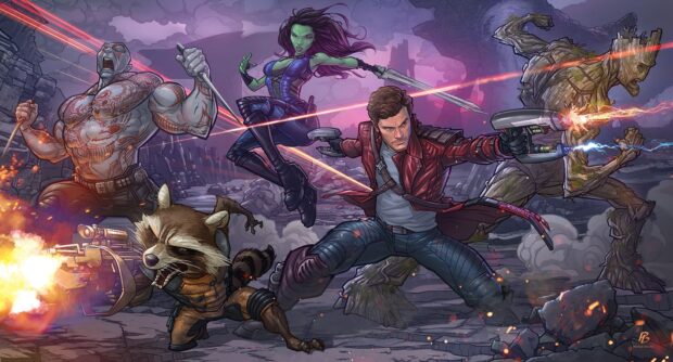 Star Lord and his team fighting enemies in a detailed action scene