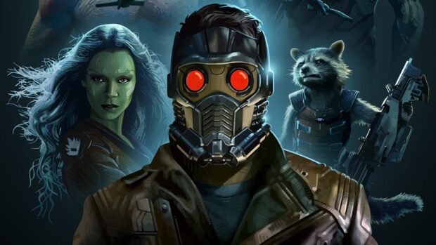 Star Lord and his team in a thrilling space adventure with a futuristic mask and weapon