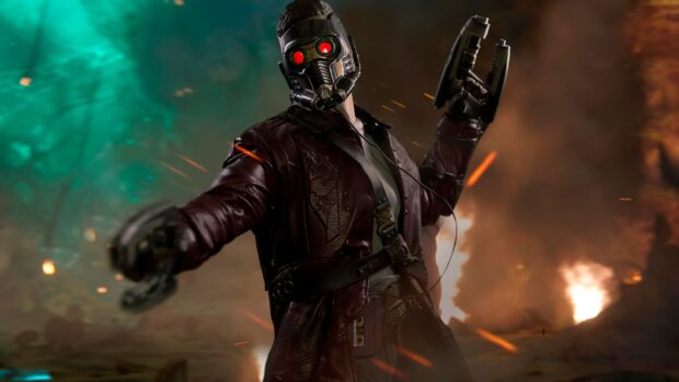 Star Lord wearing a helmet and red jacket aiming a gun in an action scene