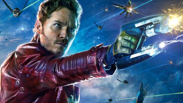 Star Lord aiming a futuristic gun in space with flying drones around him