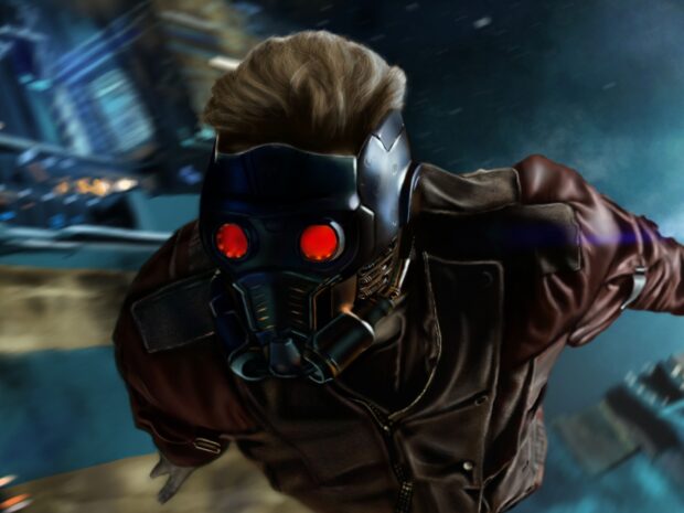 Star Lord wearing a mask with glowing red eyes flying in a futuristic setting