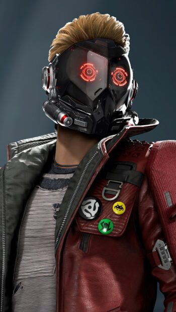 Star Lord wearing a futuristic helmet with glowing red eyes and a red leather jacket