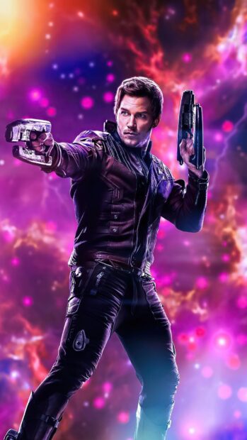 Star Lord aiming with dual blasters in vibrant cosmic setting