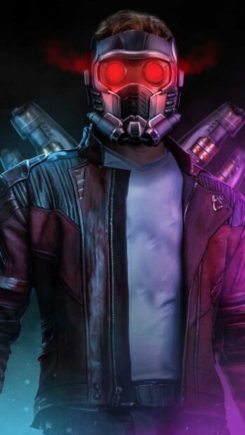 Star Lord wearing his iconic helmet with glowing red eyes and leather jacket