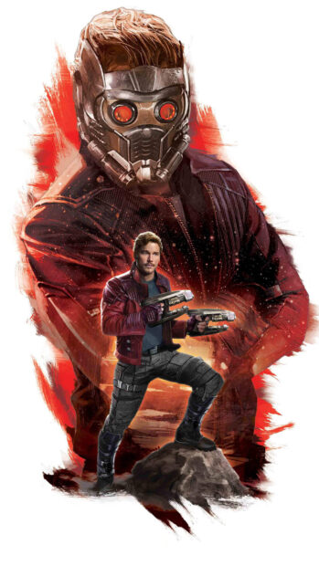 Star Lord standing on a rock holding dual blasters with a large masked figure behind him in red tones