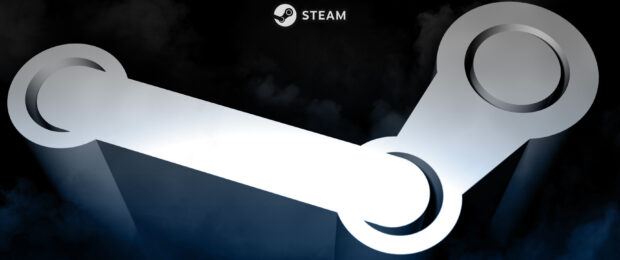 3D render of Steam logo on a dark smoky background with metallic texture and glowing effect