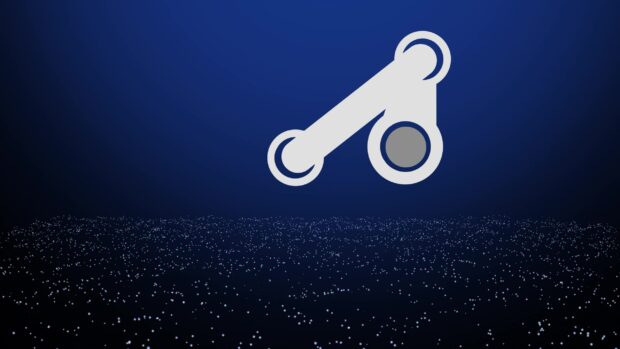 Steam symbol floating above a digital pixelated surface in dark blue background