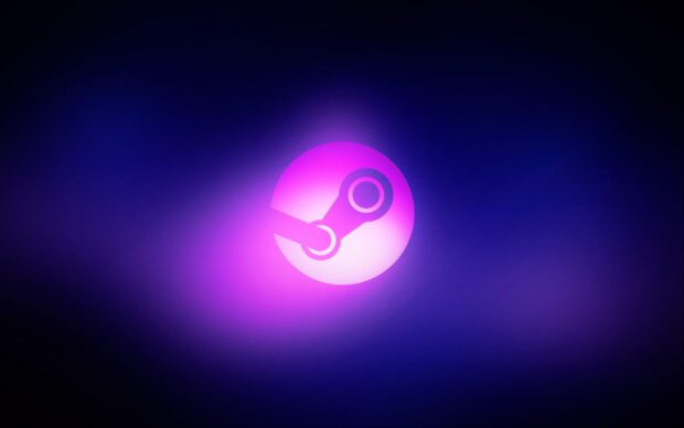 Glowing steam logo in purple and blue light effects