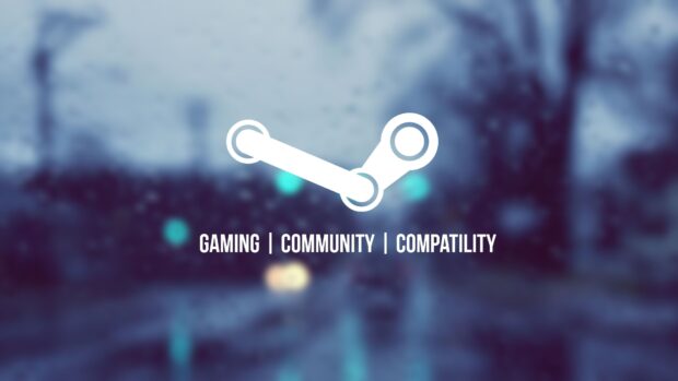 Steam logo with gaming and community concepts on a blurred rainy window background