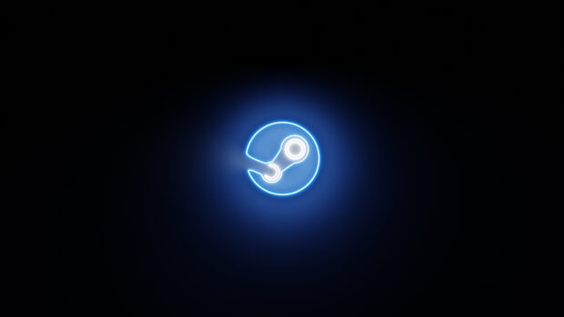 Neon glowing steam logo symbol on black background with blue light glow around the circle