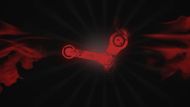 Red Steam icon with glowing particles and dark background for Steam