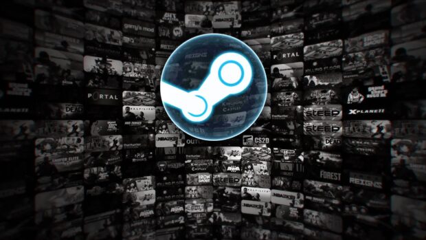 Steam logo sphere with various game titles displayed on a curved screen wall