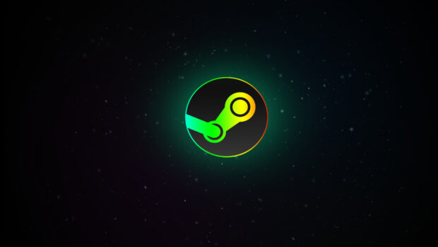Glowing colorful steam logo symbol in space with stars around