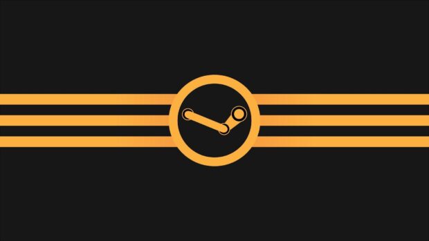 Minimalist steam logo with orange stripes on black background