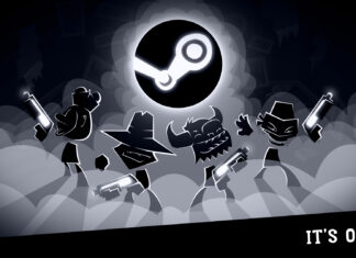 Dark cartoon characters holding guns under a glowing Steam symbol in a smoky atmosphere