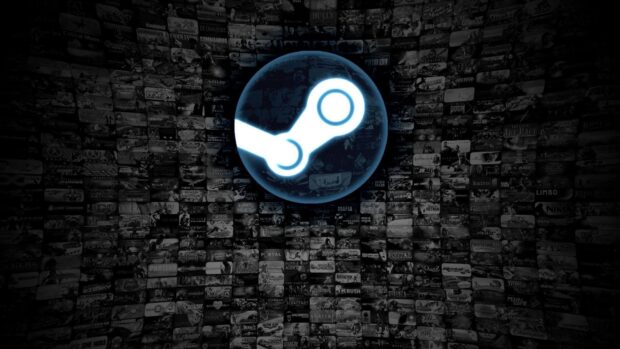 The Steam logo glowing brightly over a collage of game covers in a dark room